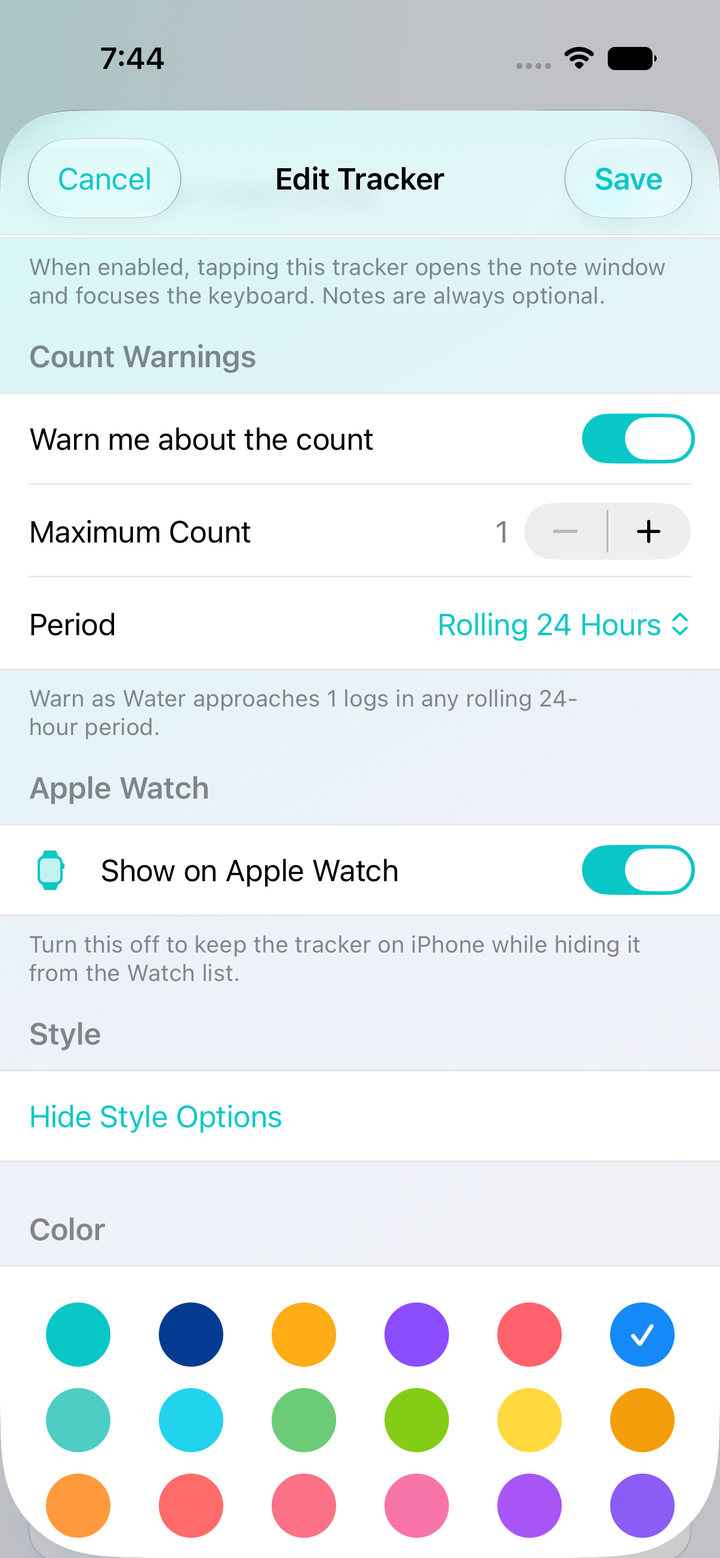 Per-tracker Count Warning and Watch settings